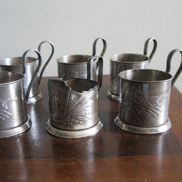 STARE ROSYJSKIE SREBRZONE  KOSZYCZKI DO SZKLANEK KOMPLET 6 SZTUK