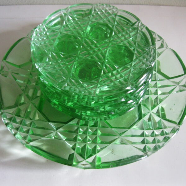 PIĘKNA STARA ZIELONA PATERA DO CIASTA PLUS 6 TALERZYKÓW HUTA ZĄBKOWICE